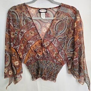Zoey Beth Y2K Sheer‎ Paisley + Floral V-neck Sheer Blouse, Women's Size XL